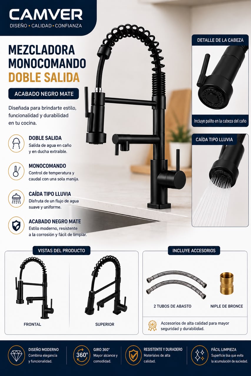Mescladora Monocomando Premium Para Cocina Negro Mate