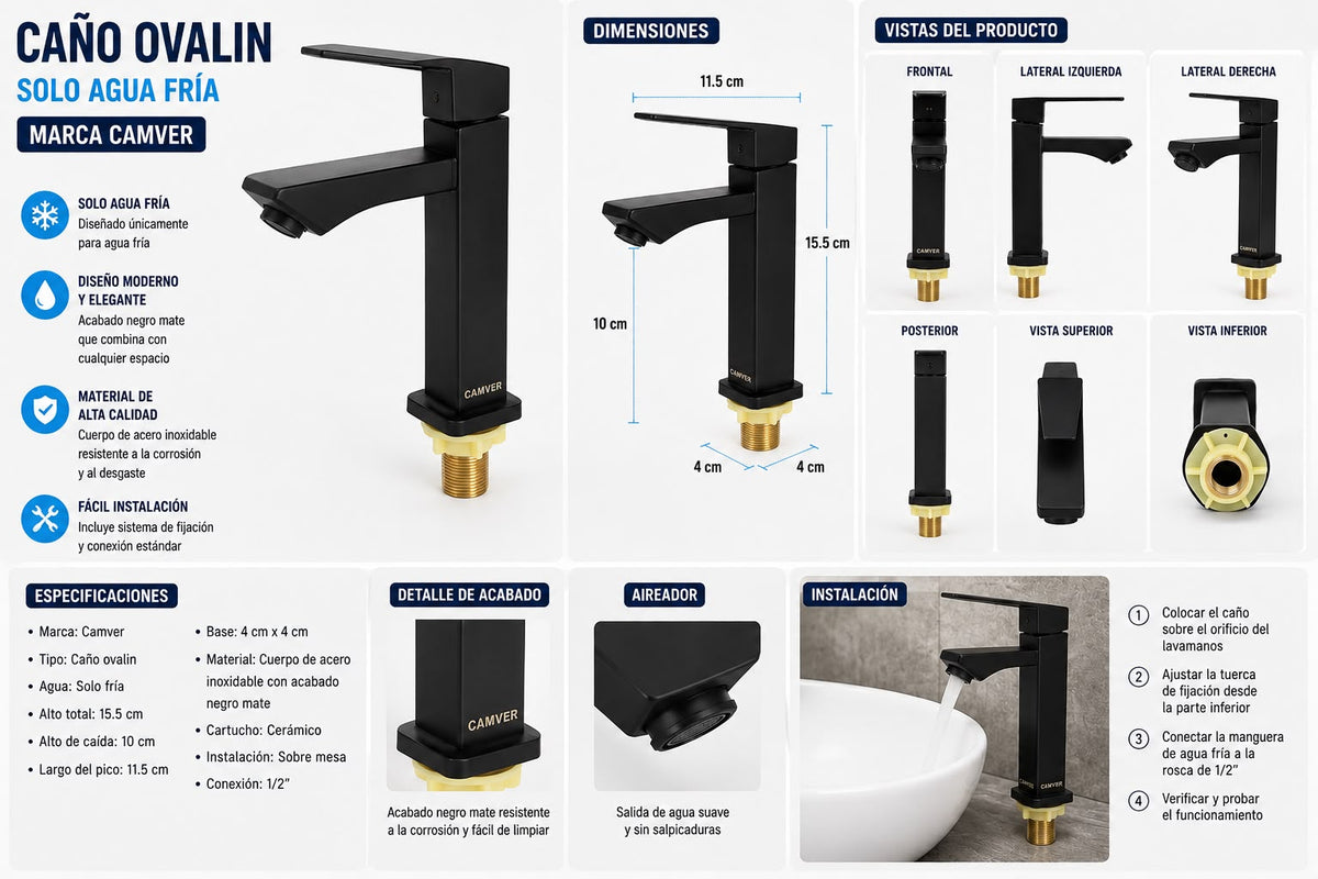 Caño Ovalin Lavatorio Negro Mate